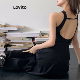 Lovito ชุดเดรสลําลอง เปิดหลัง สําหรับผู้หญิง LNA21062 (สีดํา)