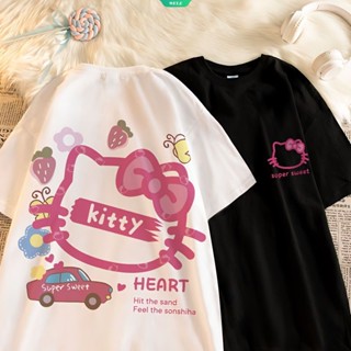 เสื้อยืดแขนสั้นลําลอง ทรงหลวม พิมพ์ลายการ์ตูน Hello Kitty น่ารัก แฟชั่นฤดูร้อน สําหรับผู้หญิง และนักเรียน