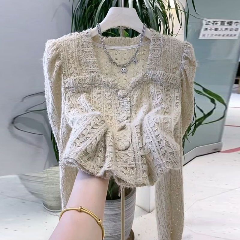 เสื้อเชิ้ตแขนพัฟ ผ้าลูกไม้ ฉลุลาย สไตล์คลาสสิก สําหรับผู้หญิง