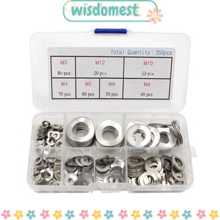 Wisdomest แหวนรองสปริง แบบสเตนเลส 304 สีเงิน M3 M4 M5 M6 M8 M10 M12 350 ชิ้น