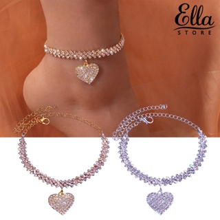 Ellastore123 สร้อยข้อเท้า จี้รูปหัวใจ ประดับพลอยเทียม สําหรับผู้หญิง