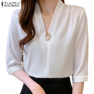 Zanzea เสื้อเบลาส์ คอวี แขนหกส่วน สีพื้น สไตล์เกาหลี สําหรับผู้หญิง