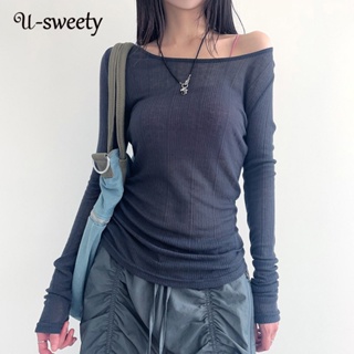 U-sweety เสื้อยืด แขนยาว เปิดไหล่ สีพื้น เซ็กซี่ สําหรับผู้หญิง 2023