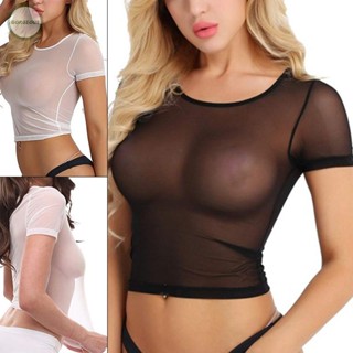 GORGEOUS~Women Ladies Tops Tight Round neck Mesh Shirts See through Transparent