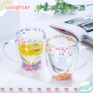 Solighter แก้วกาแฟ ชา และเครื่องดื่ม แบบสองชั้น มีฉนวนกันความร้อน ลายดาว ประดับกลิตเตอร์