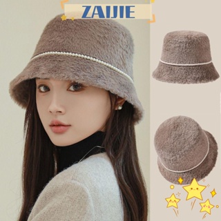 Zaijie24 หมวกบักเก็ตลําลอง ประดับมุก ขนนิ่ม ส้นแบน สีพื้น ให้ความอบอุ่น สําหรับผู้หญิง