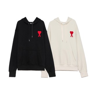 เสื้อกันหนาวแขนยาว มีฮู้ด ผ้าฝ้าย ปักลายหัวใจ สีแดง สไตล์เกาหลี พลัสไซซ์ แฟชั่นสําหรับผู้ชาย และผู้หญิง พร้อมส่ง