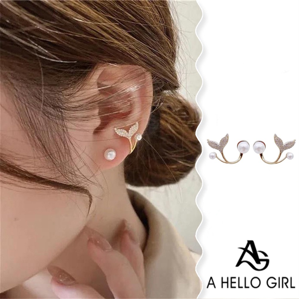 A HELLO GIRL ต่างหู รูปหางปลา ประดับมุก สไตล์เกาหลี เรียบง่าย เครื่องประดับแฟชั่น สําหรับผู้หญิง