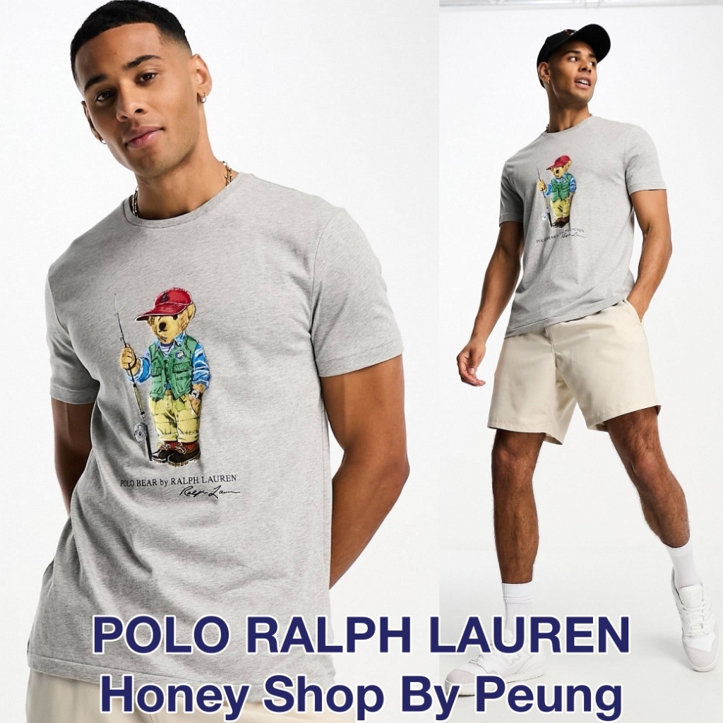 [S-5XL] [ของแท้ พร้อมส่งในไทย] Polo Ralph Lauren Fishing Bear T Shirt Col : Andover Heather (Men Size, Custom Slim Fit เ