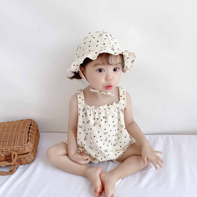 ชุดจั๊มสูทรอมเปอร์ แขนกุด ผ้าฝ้าย ลายดอกไม้ และหมวก แฟชั่นฤดูร้อน สําหรับเด็กผู้ชาย และเด็กผู้หญิง อายุ 0-2 ปี - รูปที่ 2