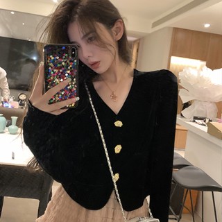 Suxi เสื้อเบลาส์ลําลอง แขนยาว คอวี ผ้ากํามะหยี่ สไตล์ฝรั่งเศส มินิมอล แฟชั่นฤดูใบไม้ร่วง สําหรับผู้หญิง