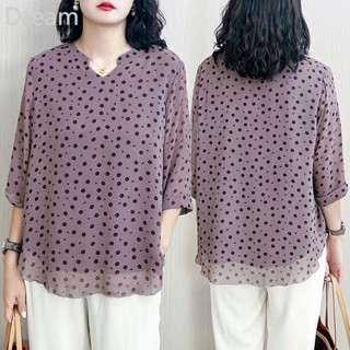 Fashionable New V-neck polka dot loose cropped sleeve large size top chiffon shirt slimming large size womens clothing