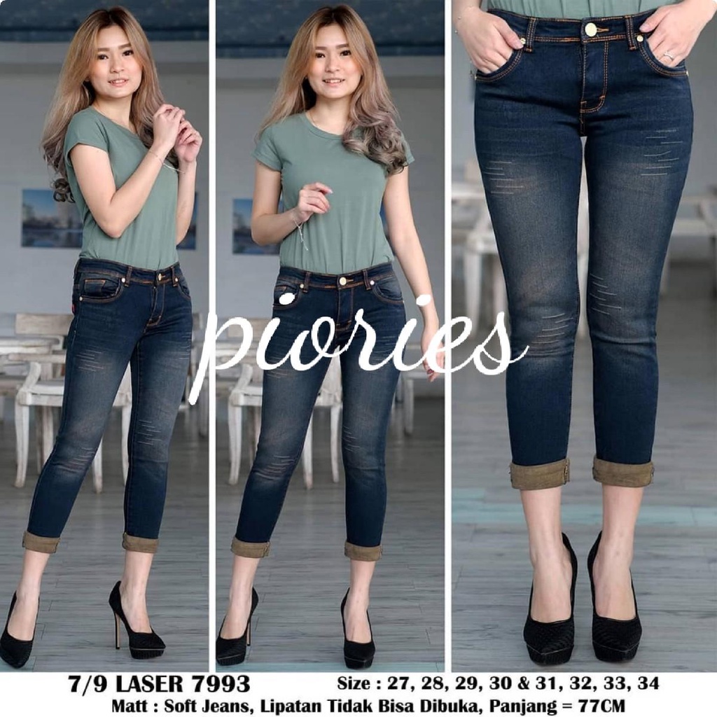 Rnf - กางเกงยีนส์ผู้หญิง 7/9 Laser Ripped Razor ขาพับกางเกงยีนส์นุ่ม 7/9