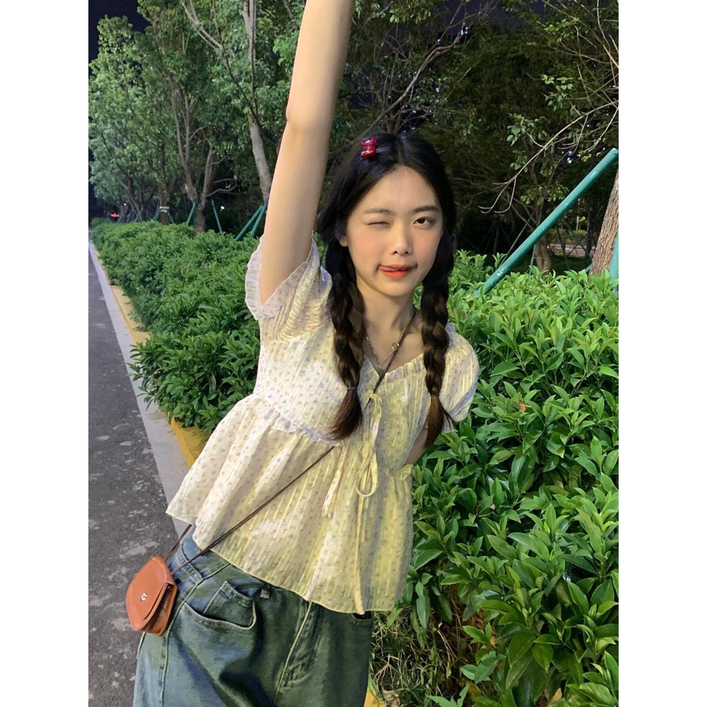 เสื้อเชิ้ตแขนพอง คอสี่เหลี่ยม ผ้าชีฟอง สไตล์ฝรั่งเศส แฟชั่นฤดูร้อน สําหรับผู้หญิง