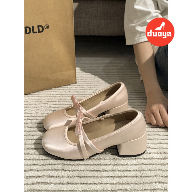 Duoya Factory รองเท้าแมรี่เจน ส้นหนา หัวกลม ปากตื้น สีชมพู สําหรับผู้หญิง ส่งฟรี