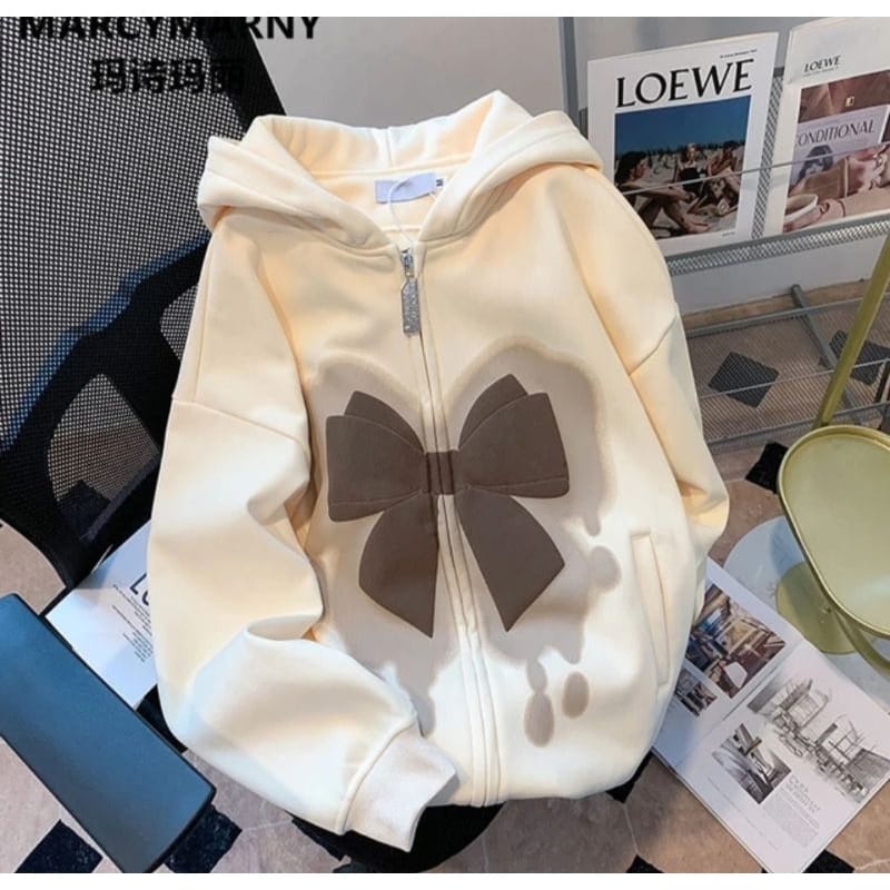 - Ribbon Saramatine Zipper Hoodie Outerwear เสื้อแจ็คเก็ตมีฮู้ดผู้หญิงวัยรุ่น Matt Fleece การพิมพ์หน้าจอระดับพรีเมียมสไตล์เกาหลี