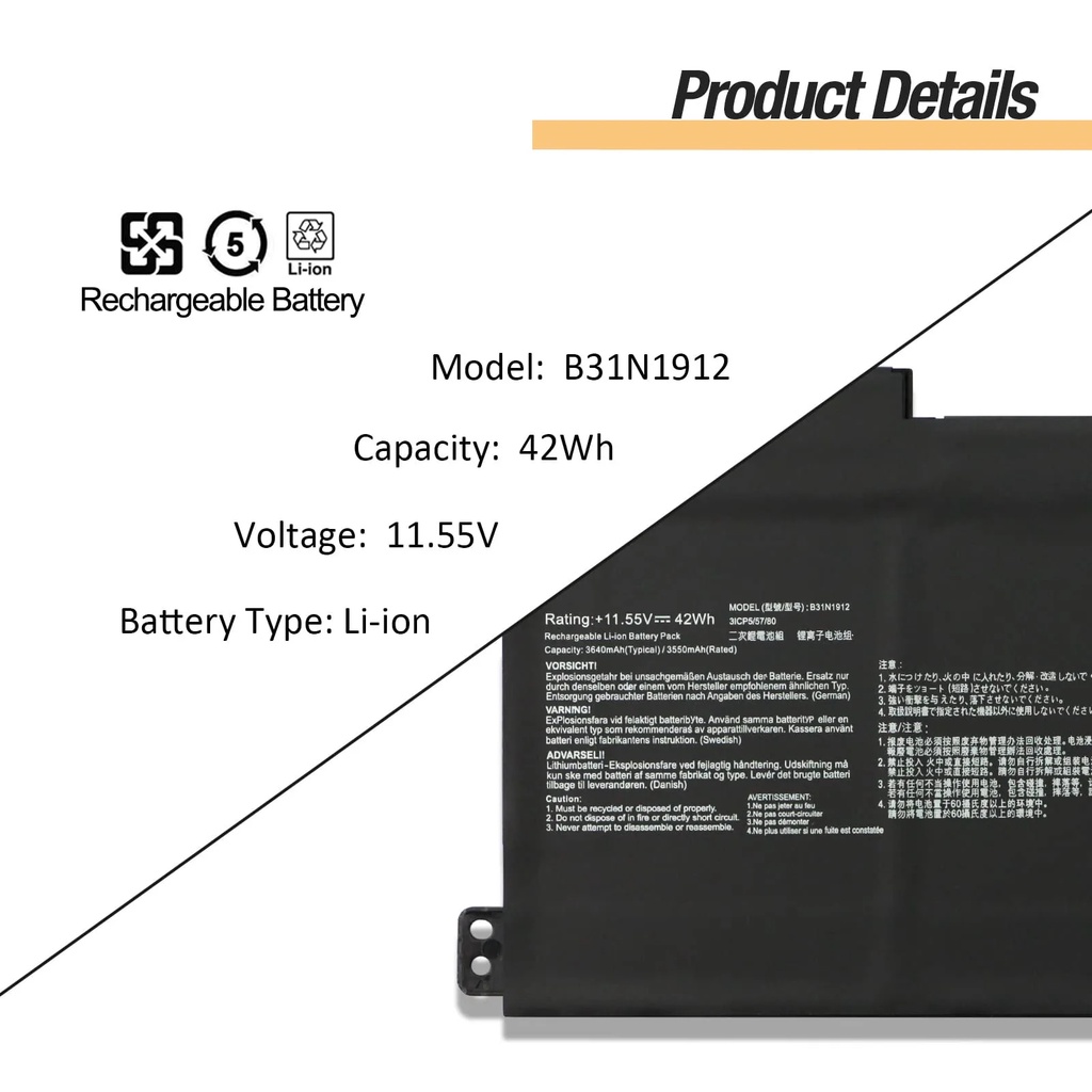 B31N1912 C31N1912 แบตเตอรี่ Replacement for ASUS VivoBook 14 E410MA L410MA F414MA E510MA E510KA L510MA 0B200-03680200