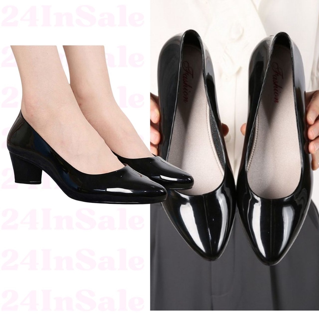 รองเท้าคัชชูส้นเตี้ย หัวแหลม สีดำเงา เบอร์ 36-40 (36-40) คอมฟอร์ต ใส่ได้หลายโอกาส