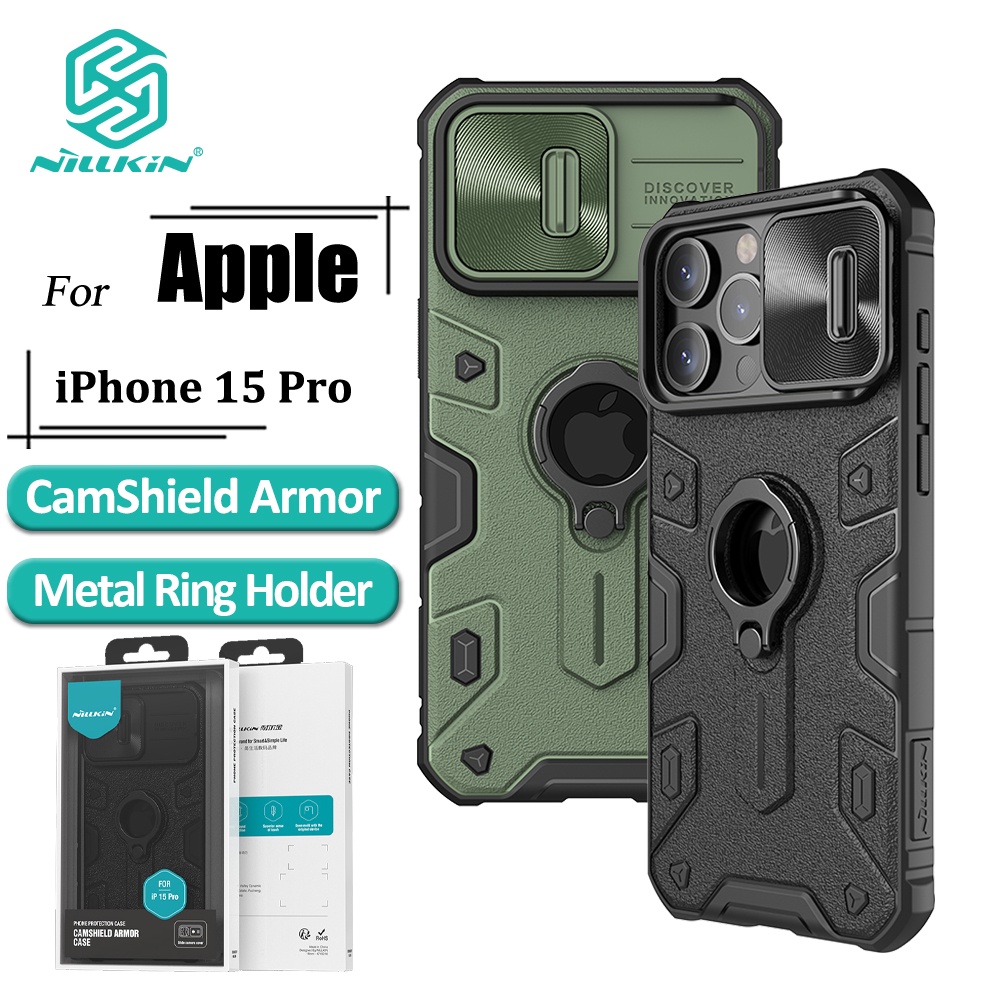 Nillkin CamShield Armor เคสโทรศัพท์ ป้องกันหนัก สําหรับ iPhone 15 Pro พร้อมตัวยึดแหวนโลหะ ป้องกันกล้อง (เปิด)
