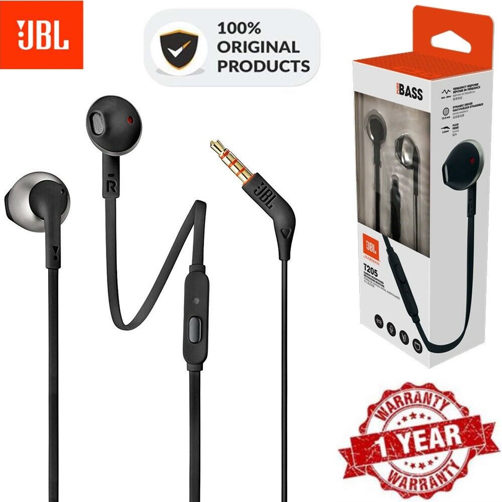 ของแท้ JBL T205/Tune 205 ชุดหูฟังอินเอียร์สเตอริโอ HIFI 1 ปุ่ม 3.5 มม. ควบคุมแบบแฮนด์ฟรี