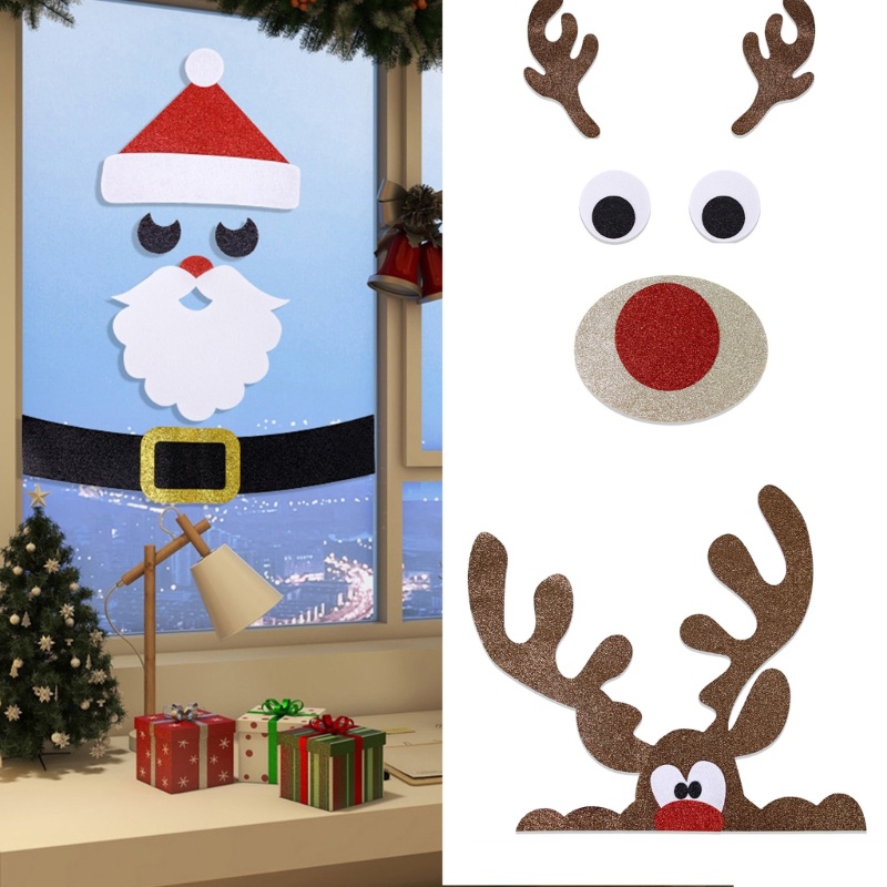 Yu Christmas Window Stickers ตกแต่ง Santa Elk Felt Cloth Shop Window Wall Decal