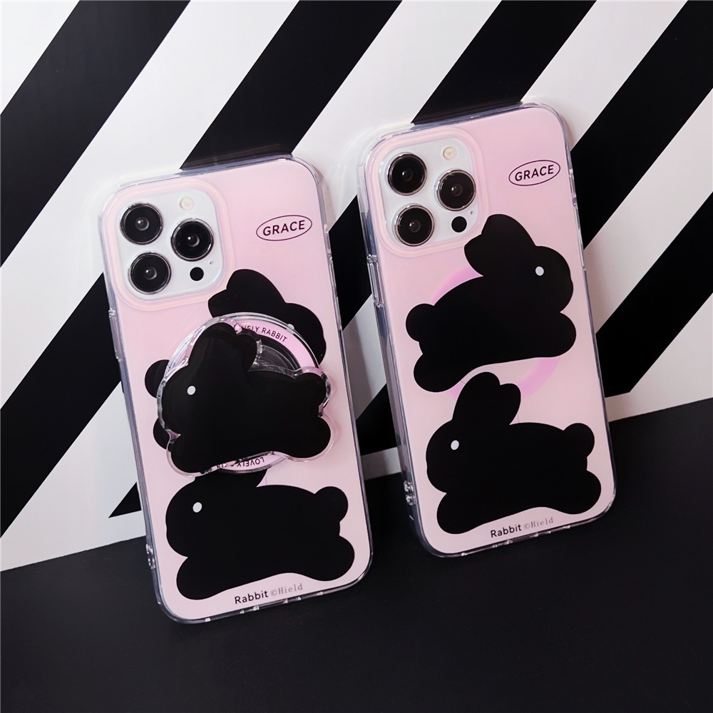 เคสไอโฟน เคสโทรศัพท์มือถือ แบบสองชั้น ลายกระต่าย พร้อมแหวนแม่เหล็ก สีชมพู สําหรับ iPhone 15promax 15 15pro 14 13 12 14promax 13 12Pro 13promax 14Pro