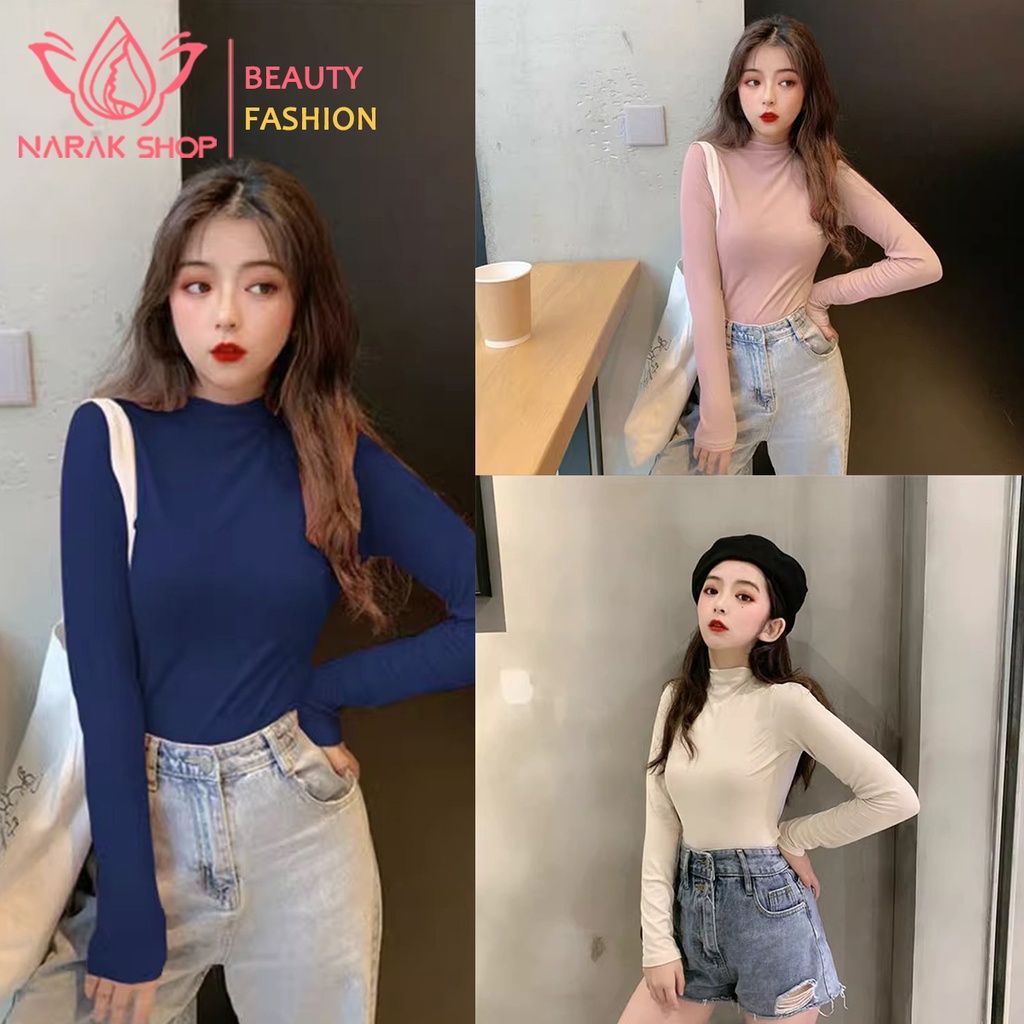 เสื้อครอปเเขนยาวสีพื้นๆเเฟชั่นวินเทจ คอสูง สวมใส่สบาย