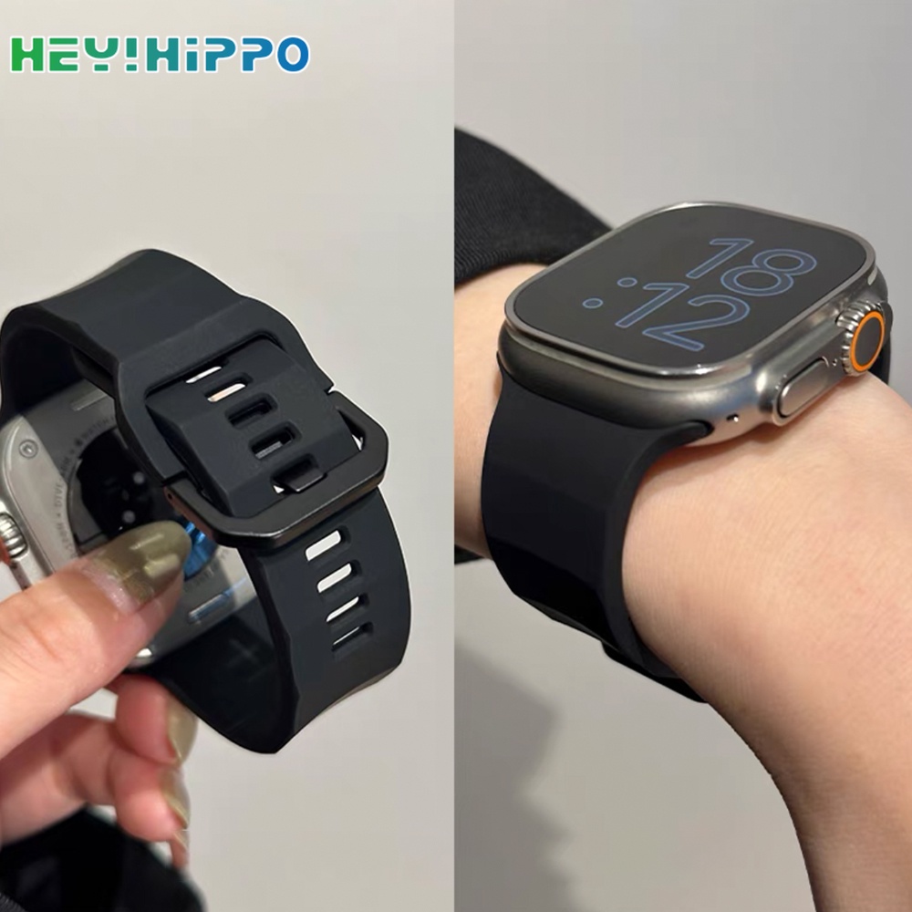 สายนาฬิกาข้อมือซิลิโคน หัวเข็มขัดสีดํา สําหรับ iwatch series 10 9 8 7 6 5 SE 4 3 45 44 42 41 40 38 49 มม.46 มม.Series10 42 มม.