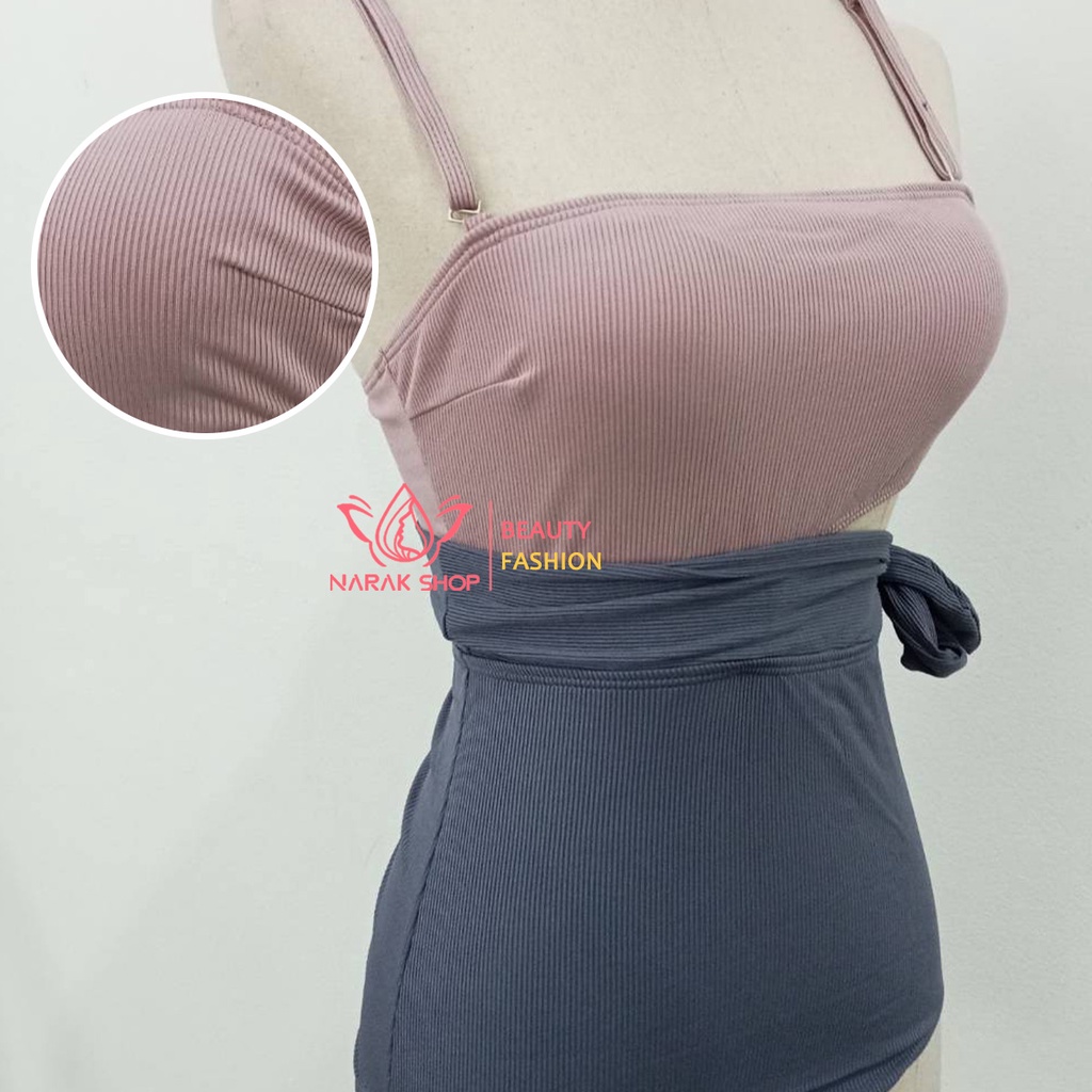 ชุดว่ายน้ำวันพีชผูกโบว์เอว สีทูโทน น่ารัก เอวสูงเก็บทรง