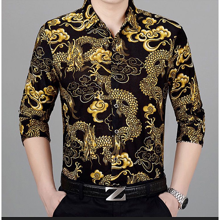 เสื้อเชิ้ตแขนยาว พิมพ์ลายมังกร แฟชั่นฤดูใบไม้ร่วง และฤดูหนาว สําหรับผู้ชาย
