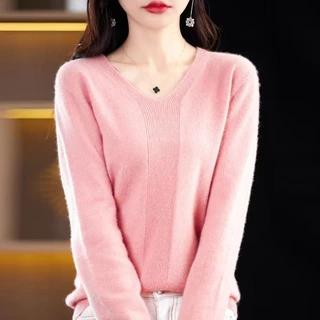 เสื้อแขนยาวคอวีสีพื้น เสื้อไหมพรมผ้ายืดใส่สบาย มี 12 สีให้เลือก