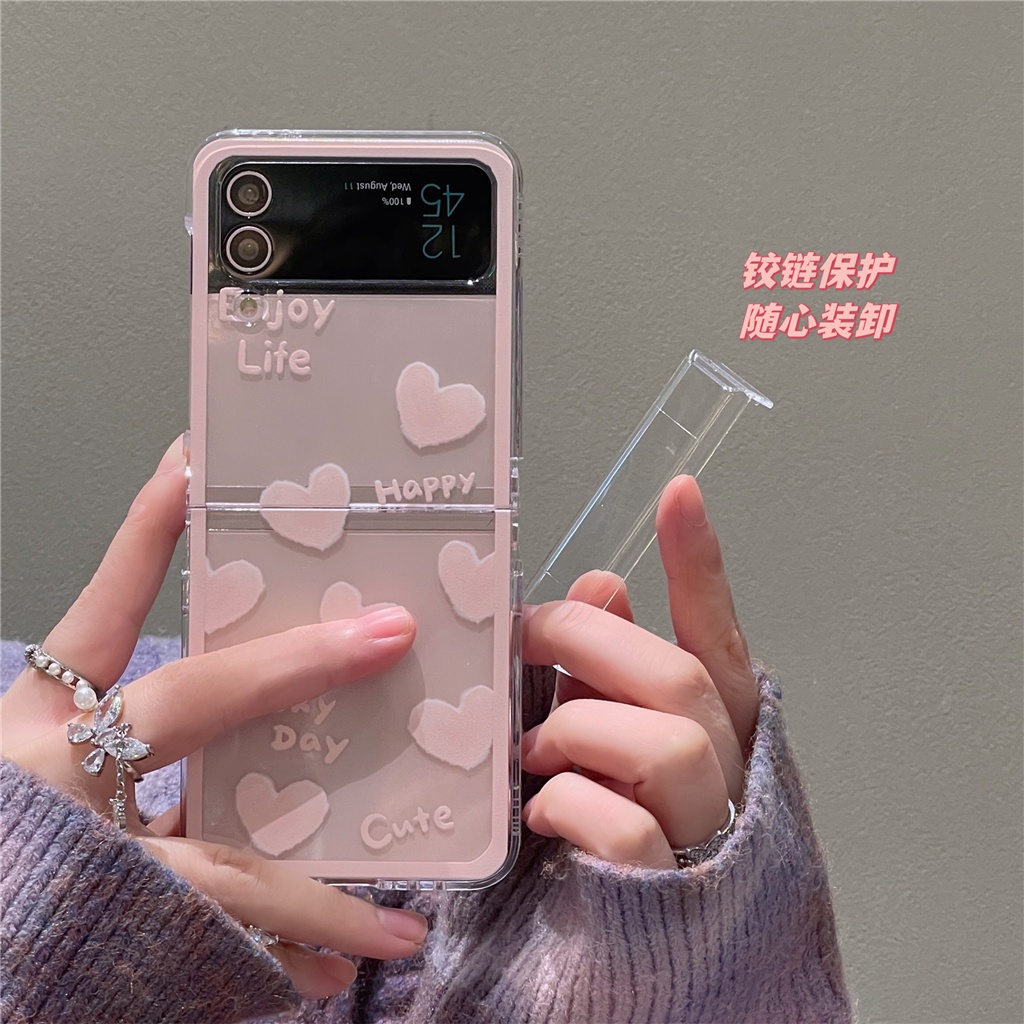 เคสโทรศัพท์มือถือแบบใส ฝาพับ ลายหัวใจน่ารัก สีชมพู สไตล์เกาหลี สําหรับ Samsung Galaxy Z Flip 3 4 5G Z Flip3 Flip4 Zflip3 Zflip4