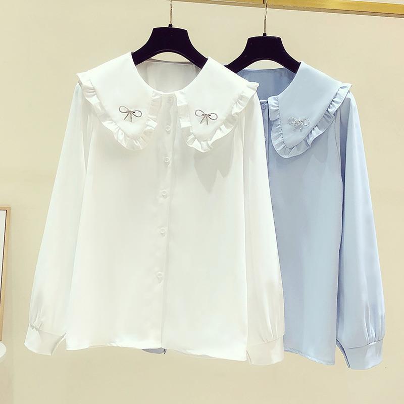เสื้อเชิ้ตแขนยาว คอตุ๊กตา สีขาว แฟชั่นฤดูใบไม้ผลิ สําหรับผู้หญิง 2023