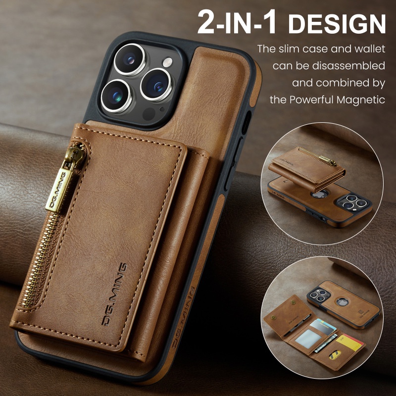 Dg.ming 2 In 1 เคสโทรศัพท์มือถือหนัง กันกระแทก มีซิป พร้อมช่องใส่บัตร ถอดออกได้ สําหรับ iPhone 15 14 13 12 Pro Max