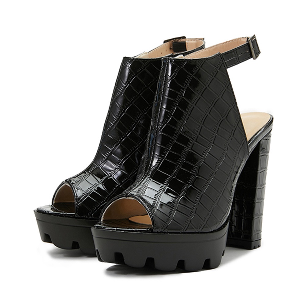 Peep Toe High Block Heel Women Platform Sandals แอปริคอทสีดํา