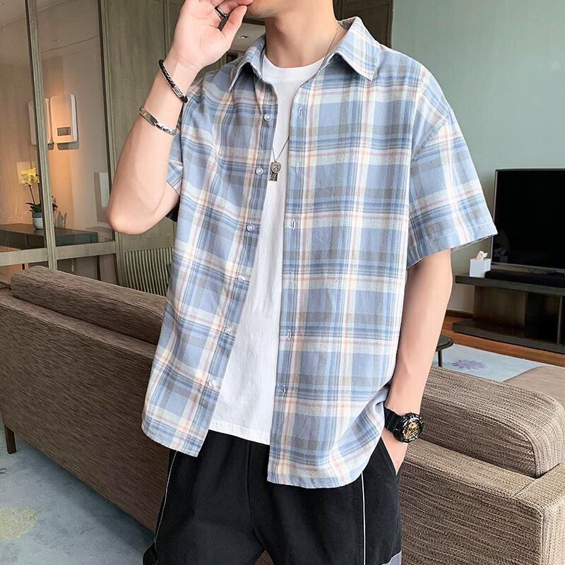 เสื้อเชิ้ตแขนสั้นลําลอง ทรงหลวม ลายสก๊อต สไตล์เกาหลี สําหรับผู้ชาย