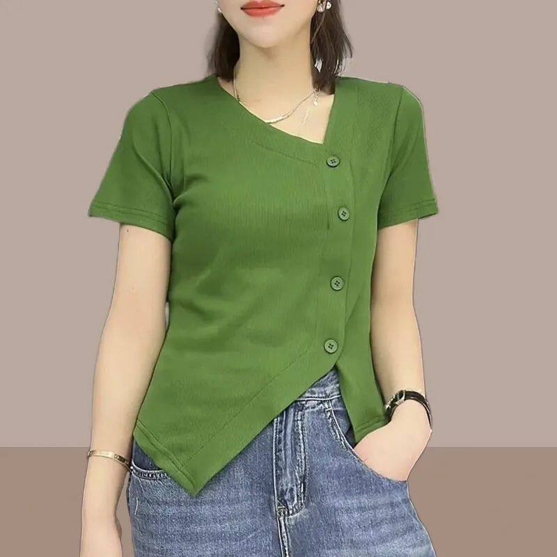 เสื้อยืดแขนสั้นลําลอง แต่งกระดุม ทรงไม่สม่ําเสมอ แฟชั่นฤดูร้อน สําหรับผู้หญิง 2024