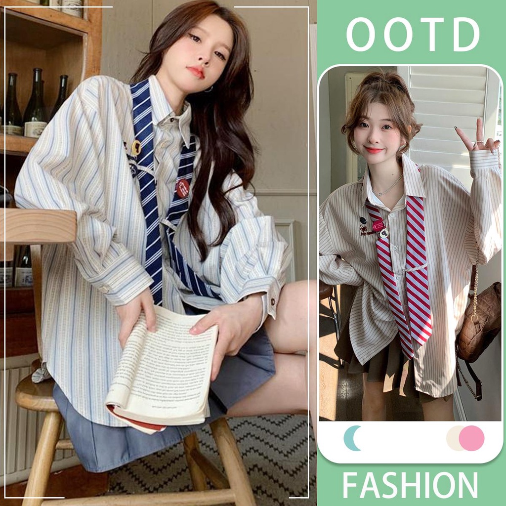 mimi&didi เสื้อเชิ้ตแขนยาวน่ารักลายทาง แฟชั่น วินเทจ มีเน็คไท สไตล์เกาหลี ผ้ามีความนุ่มและไม่ยับง่าย#W289