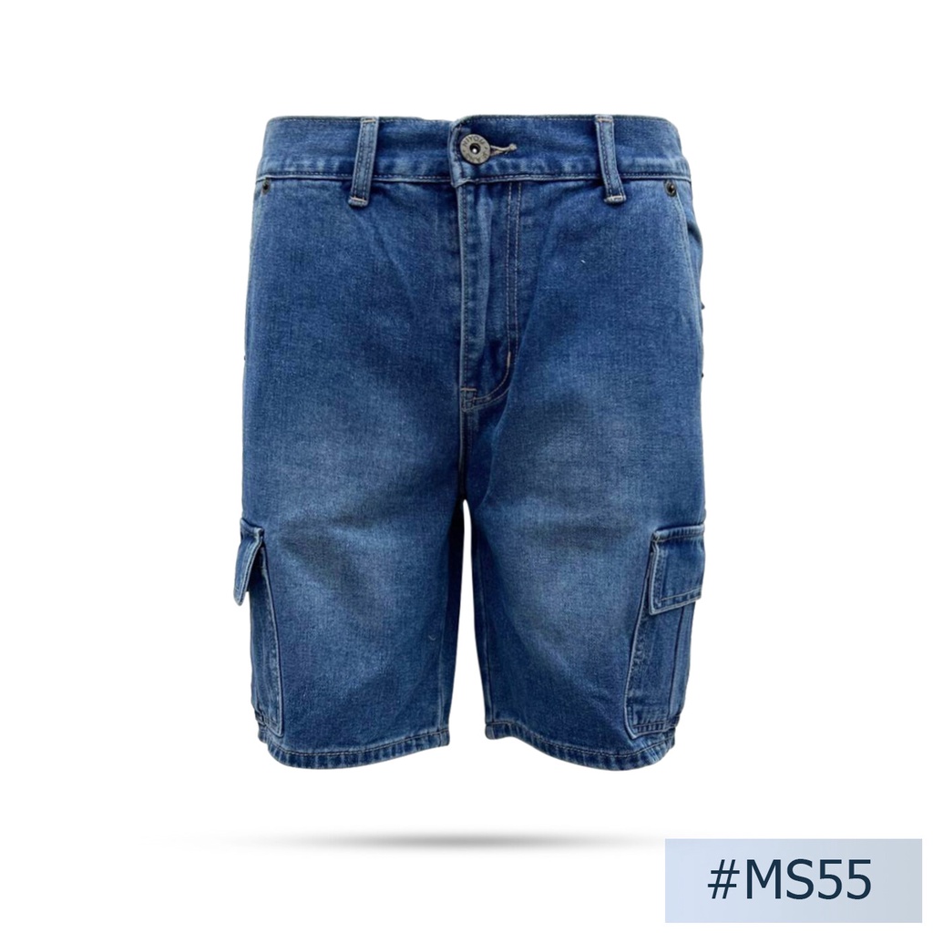นิยมยีนส์ Niyom jeans รุ่น MS55 กางเกงขา 3 ส่วนผู้ชายทรงคาโก้  สียีนส์เข้ม ผ้าไม่ยืด แต่งเฟด