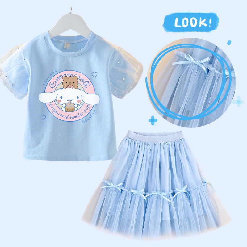 ชุดเสื้อแขนยาว กระโปรงยาวปานกลาง ผ้าตาข่าย ประดับโบว์ ลายการ์ตูนดวงดาว ดวงจันทร์ สองชิ้น แฟชั่นฤดูร้อน สําหรับเด็กผู้หญิง