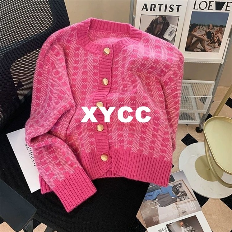 เสื้อแจ็กเก็ตคาร์ดิแกน ผ้าถัก ลายสก๊อต สไตล์เกาหลี คลาสสิก