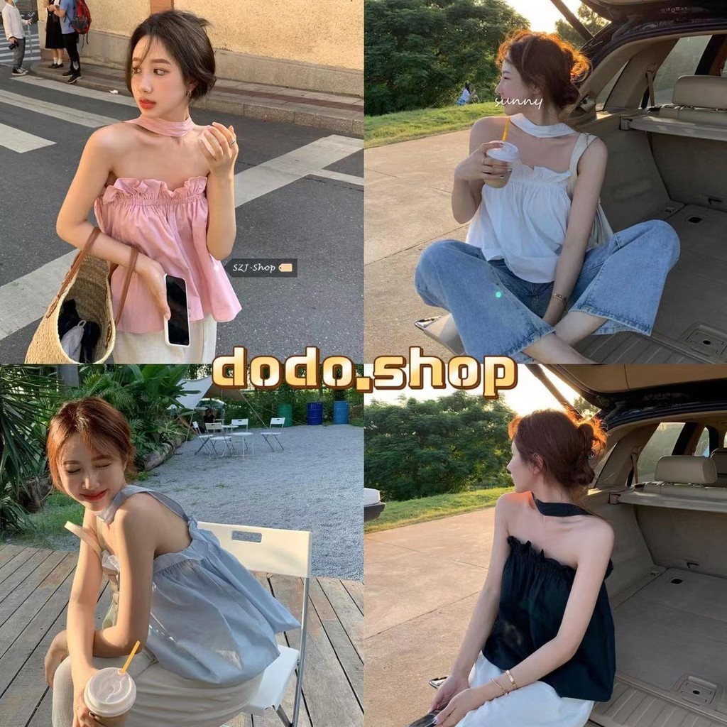 DODO*สินค้าพร้อมส่ง*เสื้อเกาะอกคล้องคอดีเทลแต่งเว้าด้านหลังสไตล์โคเรียสุดๆ(60129)