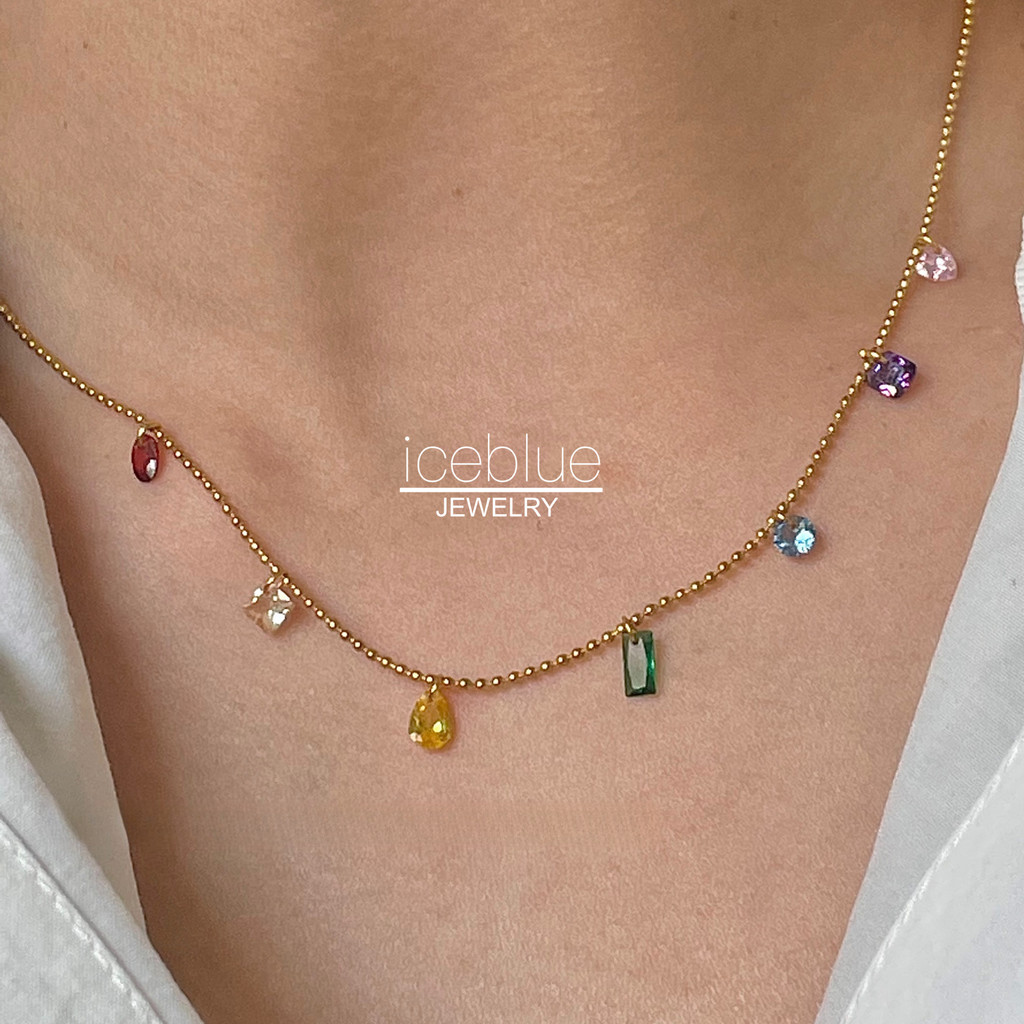 iceblue-สร้อยคอโซ่ลูกปัดคริสตัลหลายรูปทรงหลายสี ชุบทอง18K ทำจากสแตนเลส กันน้ำ กันเหงื่อ ไม่ซีดสี ละเอียดอ่อน เหมาะสวมประจำวัน เดท งานปาร์ตี้ สำหรับสุภาพสตรี N69