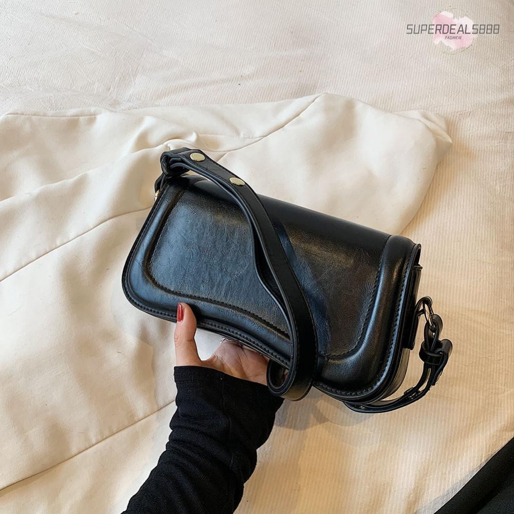 Retro สีทึบ PU หนังไหล่กระเป๋าผู้หญิงกระเป๋าถือแฟชั่น Casual Hobos & Purses Lxuury Designer Casual Satchel Bag [SuperDeals888.th]