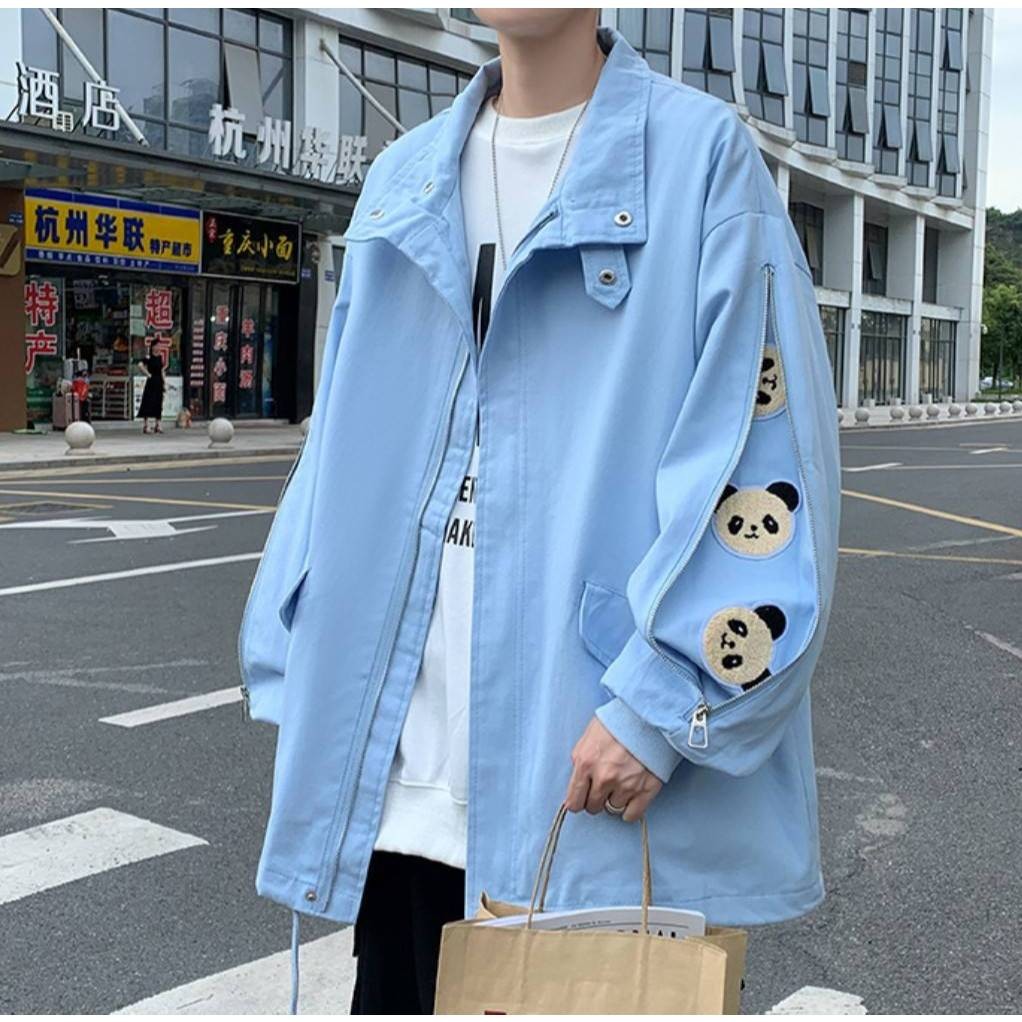 เสื้อแขนยาวคอปก ซิปหน้า Oversize ปักหมีที่แขนซิปแขนรูดได้ ผ้ายีนส์เทียม ซับในผ้าร่ม  B126