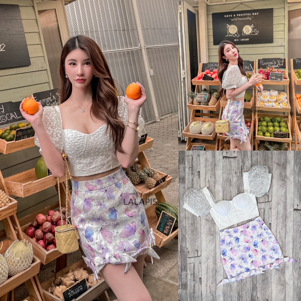 Mom.ss (พร้อมส่ง) Lalapis2 เซ็ตผีเสื้อจิบเกสรดอกไม้ ตัวเสื้อครอปเป็นลูกไม้ทั้งตัว   mom.shop