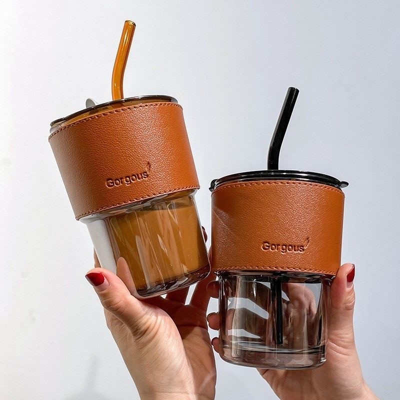 แก้วน้ำ 400ml แก้วกาแฟ สไตล์มินิมอล พร้อมหลอด ฝาปิด ปลอกซิลิโคนกันร้อน พกพาสะดวก