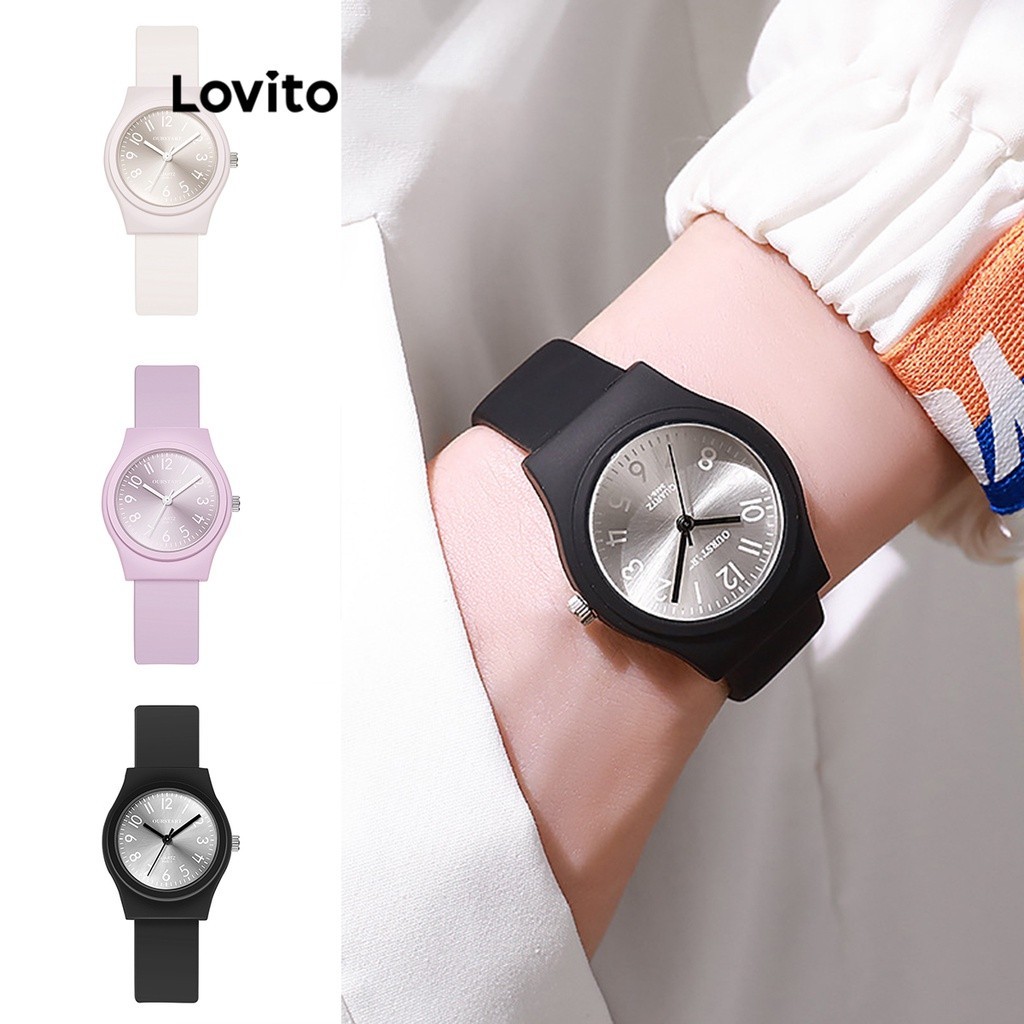 Lovito นาฬิกาข้อมือ แบบควอตซ์ เบสิก สีพื้น สไตล์ลำลอง สำหรับผู้หญิง L69AD050 (สีเทาอ่อน/สีม่วงอ่อน/สีดำ)