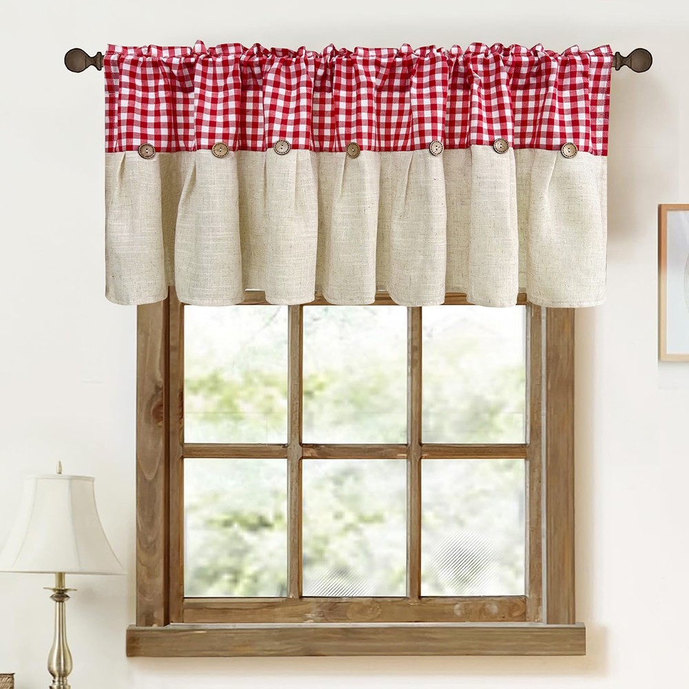 อุปกรณ์ ตกแต่งบ้าน สีแดง Charming Buffalo Checker รูปแบบผ้าม่านสั้นสําหรับ Cafe ผ้าลินิน Textured ห้องครัว Valance เรขาคณิต Farmhouse ออกแบบ Boho ชั้นตาข่ายครึ่งผ้าม่าน Rod กระเป๋าตกแต่งบ้าน ราคาถูก