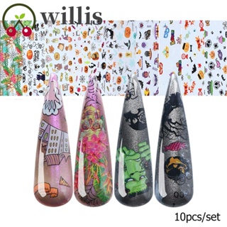 Willis สติกเกอร์ฟอยล์ ลายฟักทอง แม่มด และแมว สีดํา สําหรับตกแต่งเล็บ 10 ชิ้น ต่อชุด